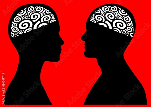 Woman and man silhouette profile black with spiral brain on a red background