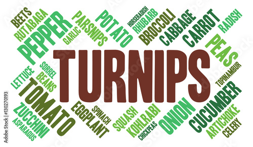 Turnips. Word cloud, green font, white background. Vegetables.