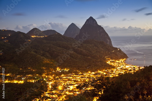 The Pitons and Soufriere at night, St. Lucia, Windward Islands photo
