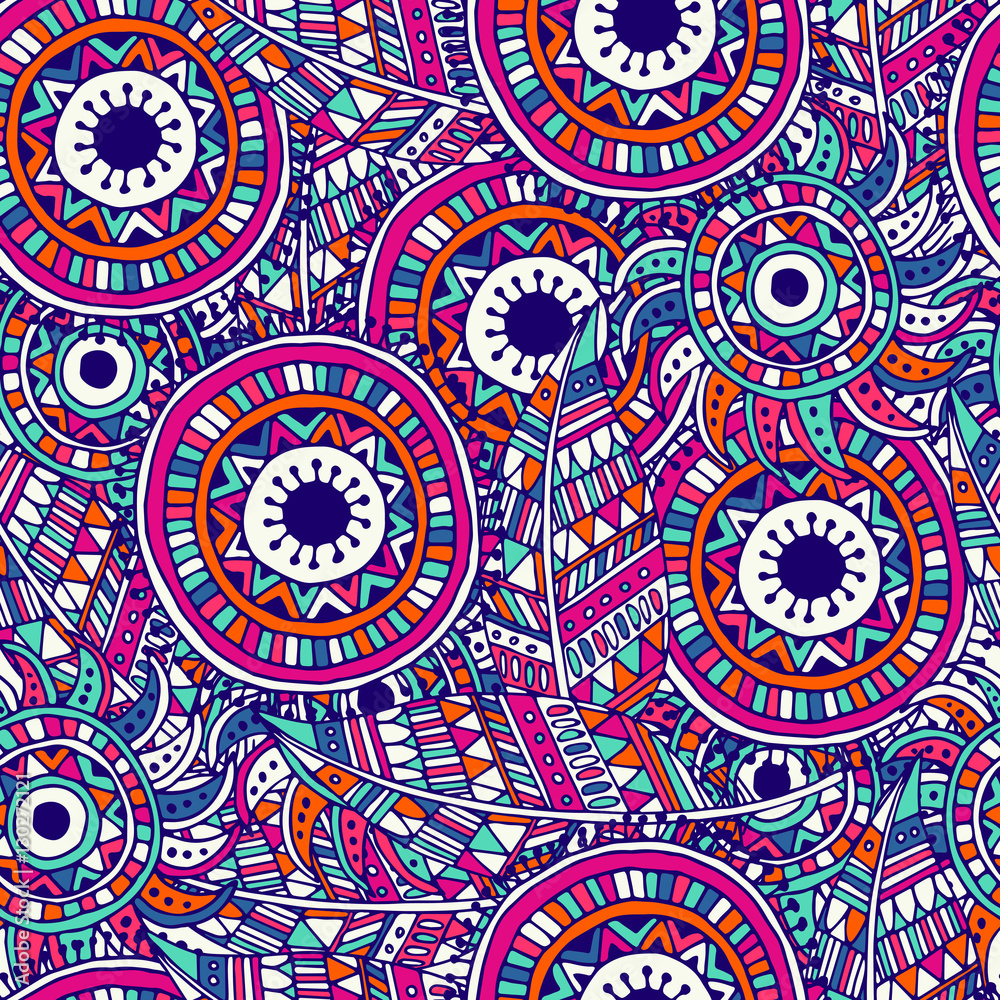 Ethnic seamless pattern with feathers and circles. Ethnic seamless pattern with feathers and circles.