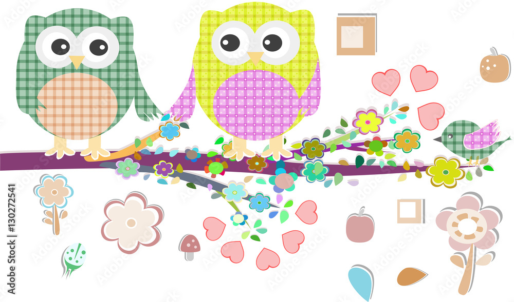 Fototapeta premium Valentine boy and girl owls sat on a tree branch,