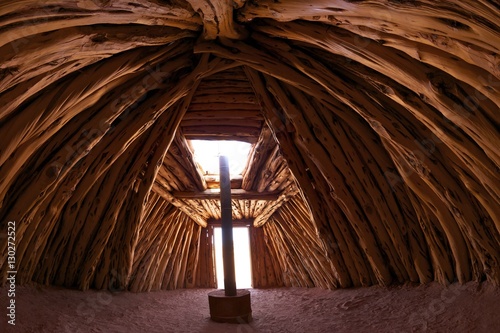 Interior of Navajo hogan, traditional dwelling and ceremonial structure, Monument Valley Navajo Tribal Park, Utah photo
