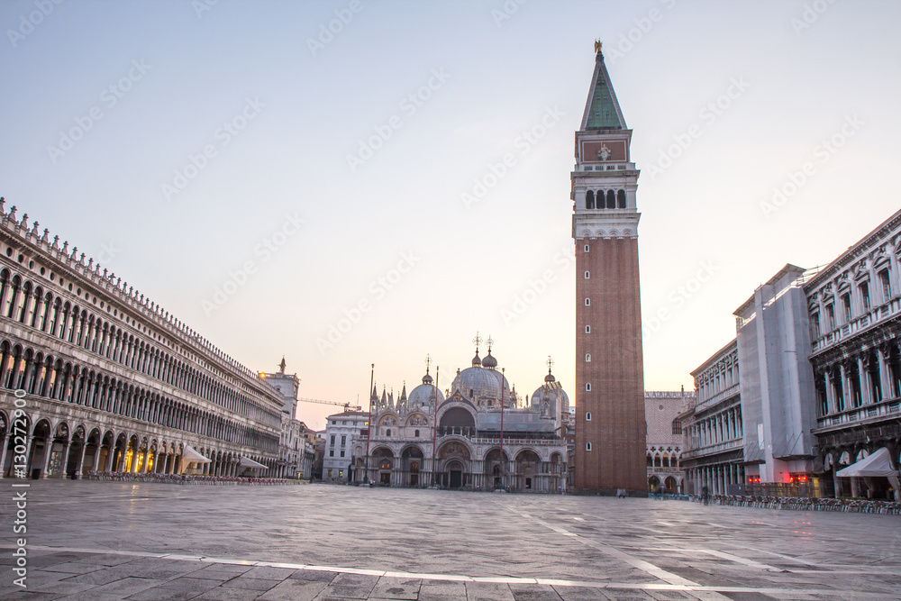 Empty St Marc square at sunrise in Venice, Italy.