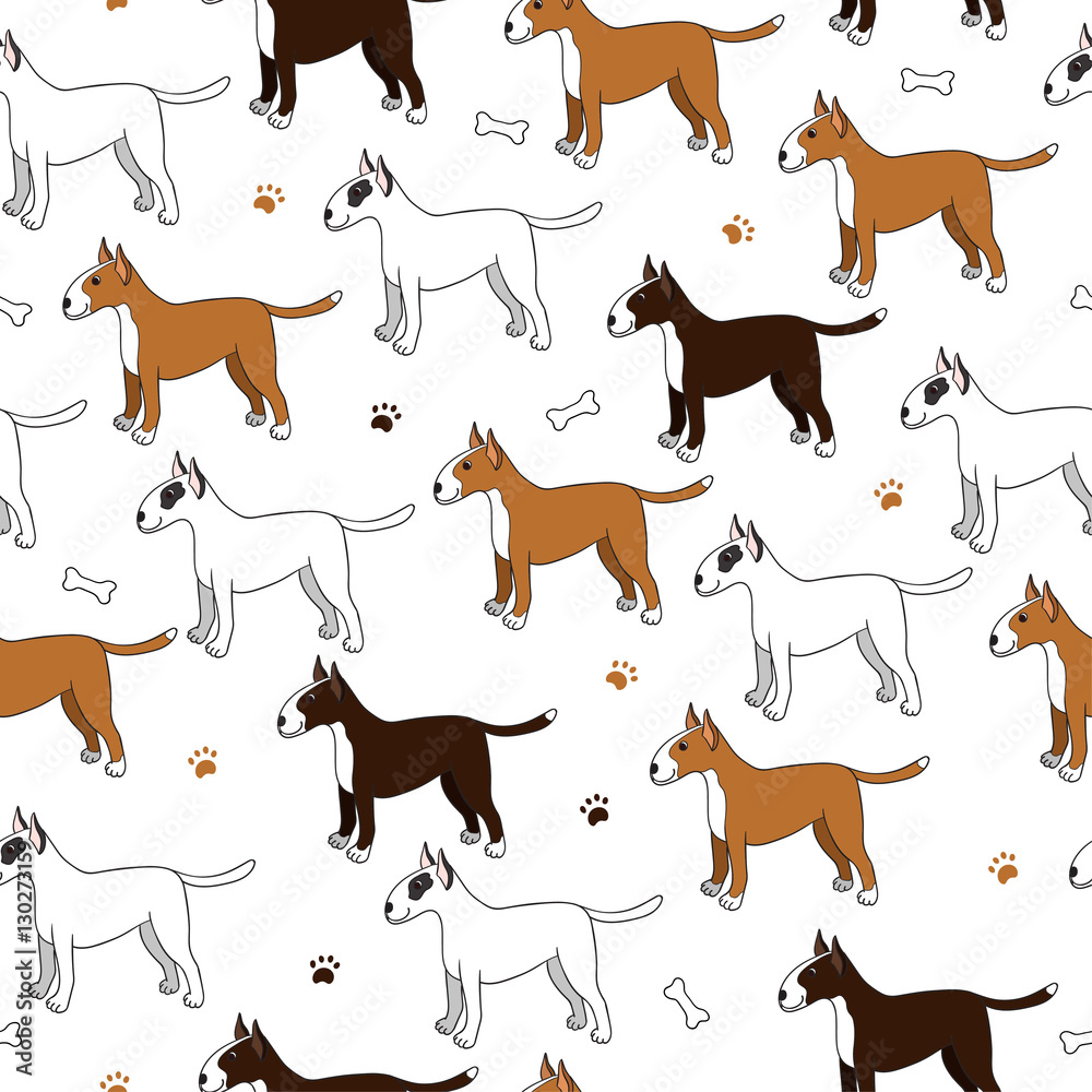 Awesome seamless pattern with cute cartoon dogs. Breed bullterie