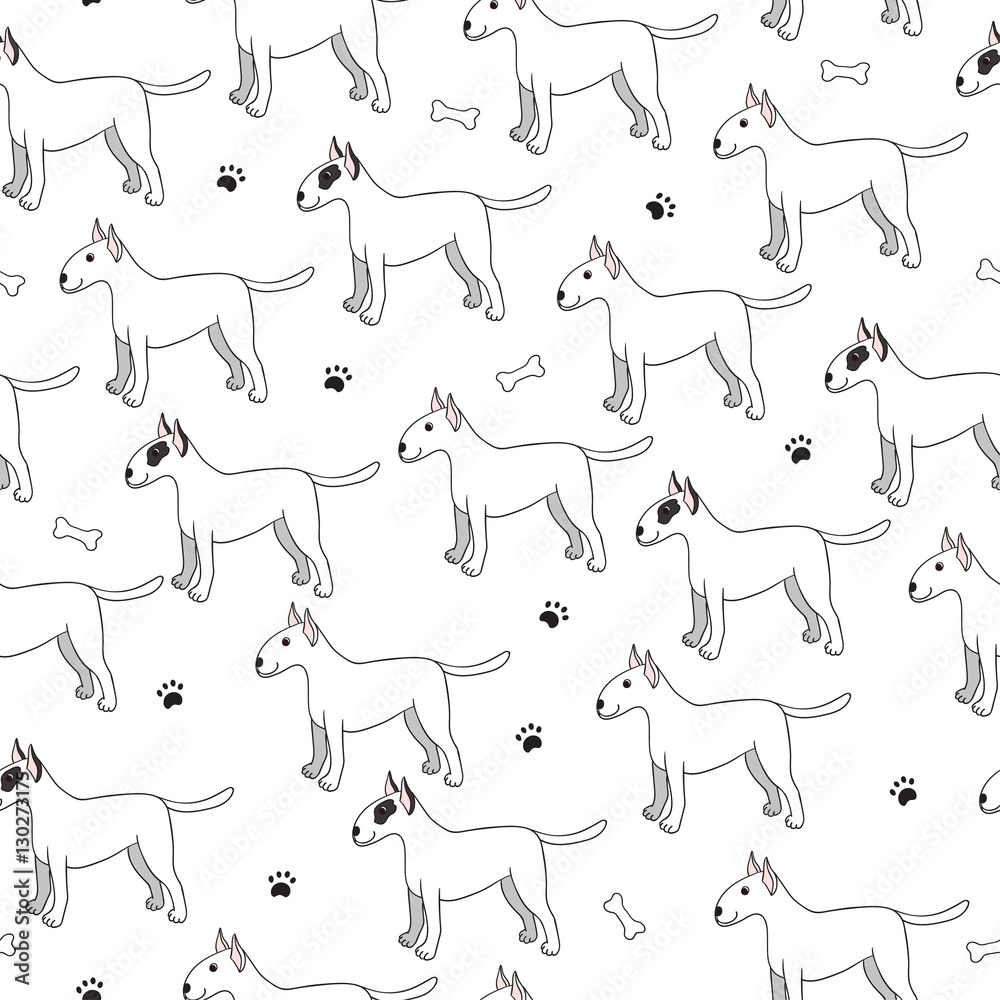 Unusual seamless pattern with cute cartoon dogs. Breed bullterie