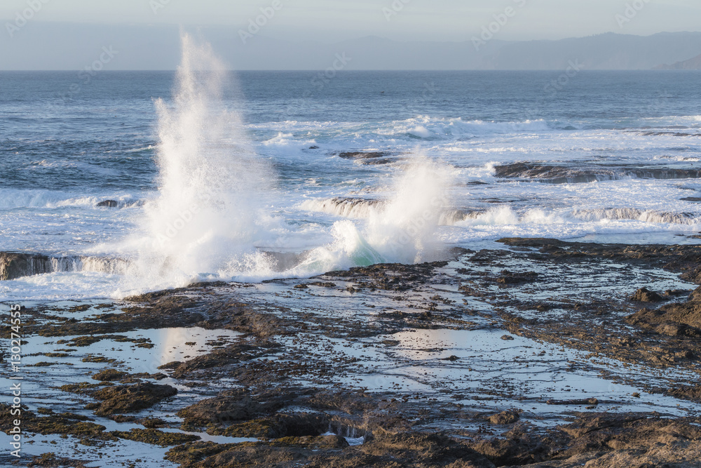 Fototapeta premium waves crashing on the lava rock bluffs