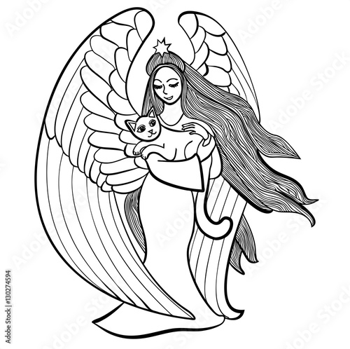 Vector illustration of angel with star holding cat black and white 