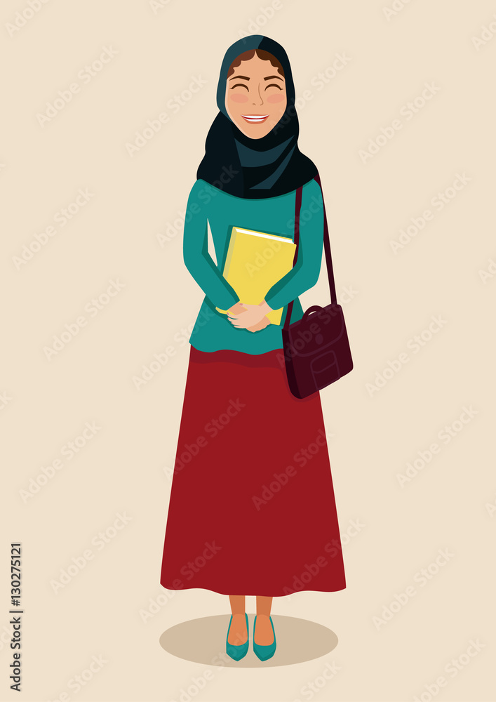 Arab girl with cute face in red skirt and blue blouse with yellow book in hands Arab girl with cute face in red skirt and blue blouse with yellow book in hands