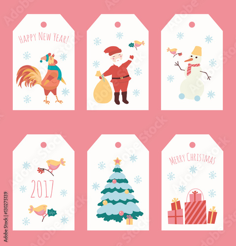 Set of Christmas illustration with snowflake. Vector New Year character on white label.