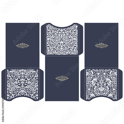 Set of 3 Wedding Invitation Baroque. Template for laser cutting. Open card. It can be used as an envelope for CD-ROM