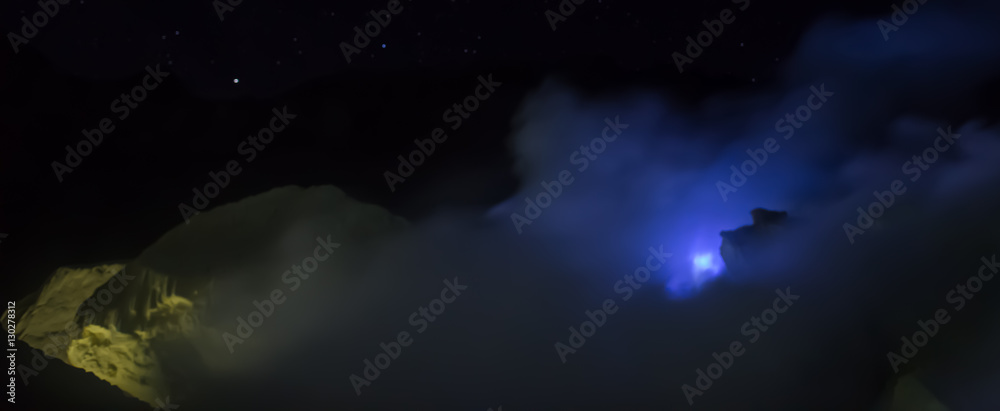 Fototapeta premium A blue mysterious light near the stones penetrates smoke from an