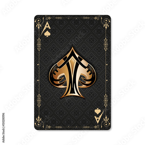 Ace of spades. Playing card vintage style. Casino and Poker. Modern art on an antique background. Black and gold design with a pattern.