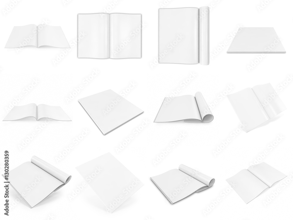 Realistic set of 3d rendering open and closed books or journal with blank white cover isolated on  background.