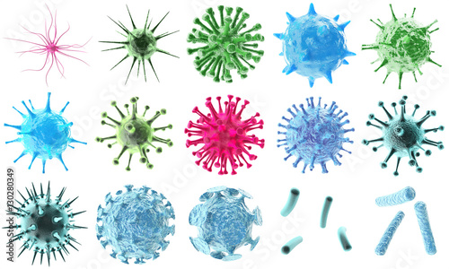 3d rendering virus bacteria icons set, abstract beautiful microbiological colorful cell microbe virus molecule bacteria objects set isolated on black background. photo