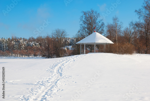 Lappeenranta. Finland. Winter landscape with pavilion on Halkosaari Island. Located in Lappeenranta Harbor on Saimaa Lake © ojimoreno