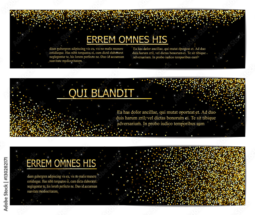 Horizontal Black and Gold Banners Set, Greeting Card Design. Golden Dust. Vector Illustration. Happy New Year and Christmas Poster Invitation Template. Place for your Text Message.