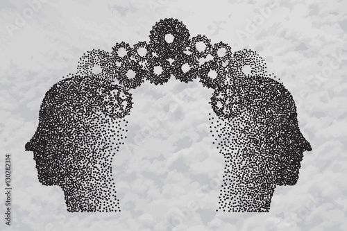 Concept of Brain storming, Knowledge sharing between to people head, this was shown through cogwheels transferring from one human brain to other. Particle divergent composition.