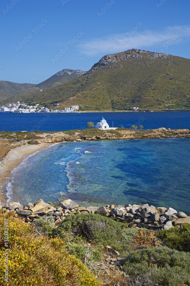 Beach and church, Agios Panteleimon, Amorgos, Cyclades, Aegean, Greek Islands, Greece Beach and church, Agios Panteleimon, Amorgos, Cyclades, Aegean, Greek Islands, Greece