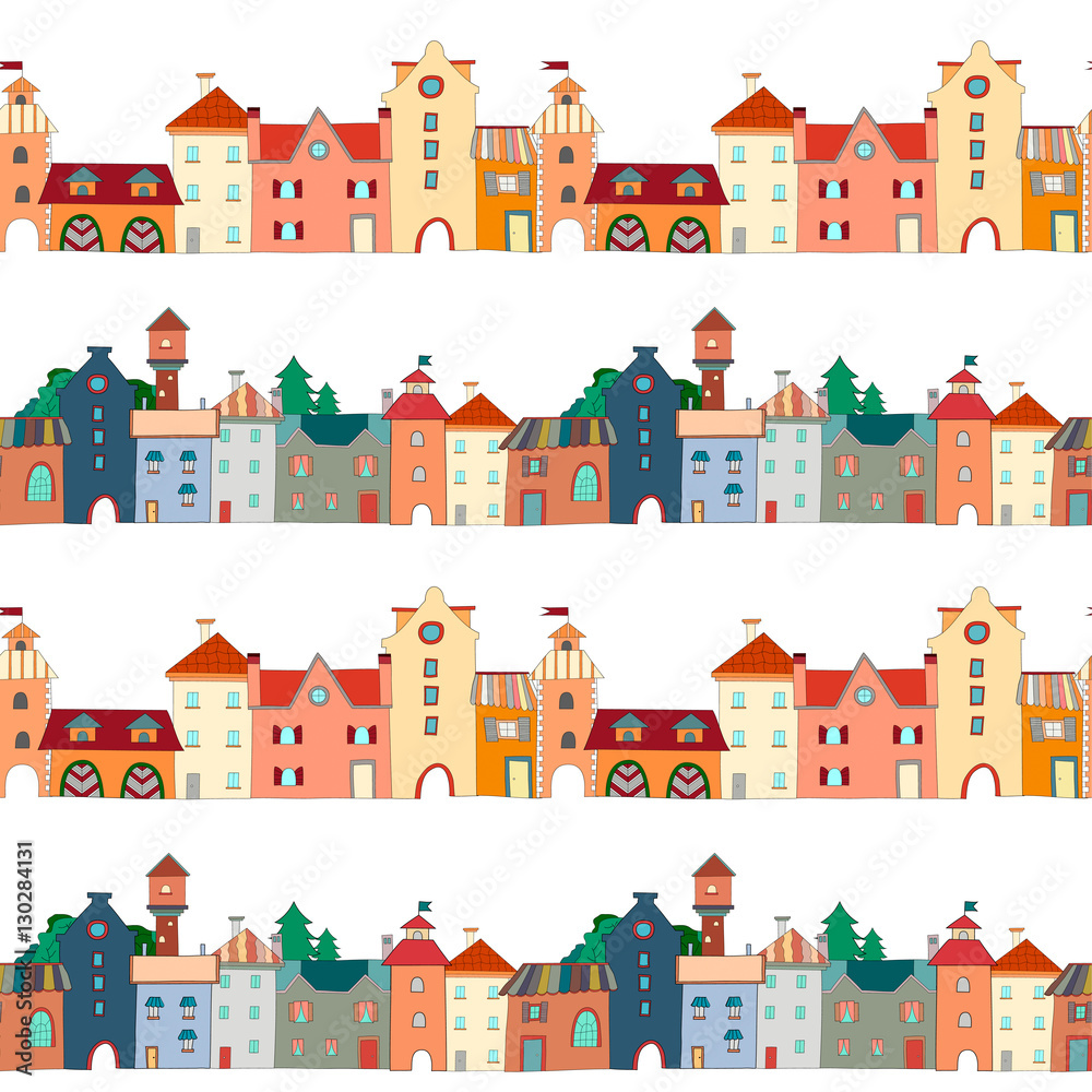 Seamless pattern with colorful cute houses. Vector illustration