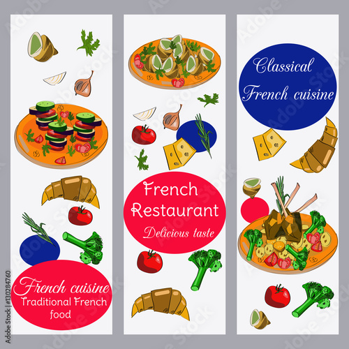 French cuisine vertical banners. Food menu design. Vector drawn sketch illustration.