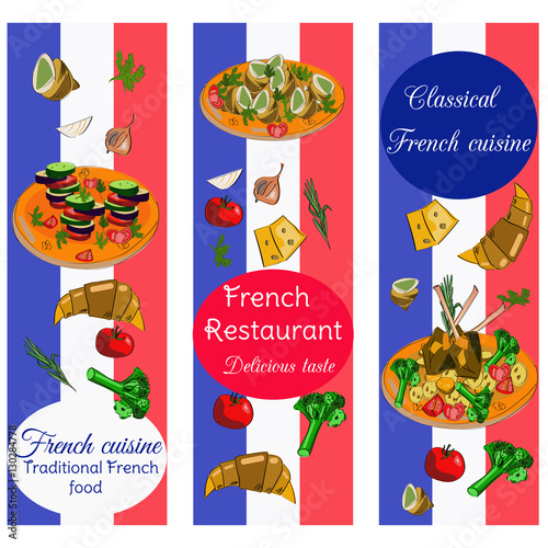 French cuisine vertical banners. Food menu design. Vector drawn sketch illustration.