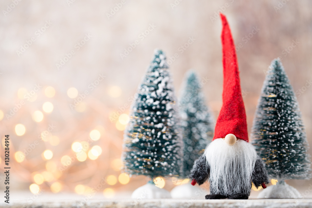 Christmas greeting card. Gnome festive background. New year symb Christmas greeting card. Gnome festive background. New year symb