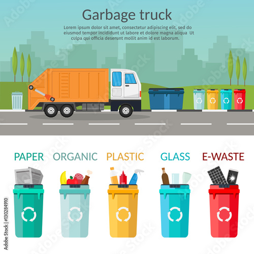 Garbage truck sorting bins recycling concept ship the trash Ecology city background