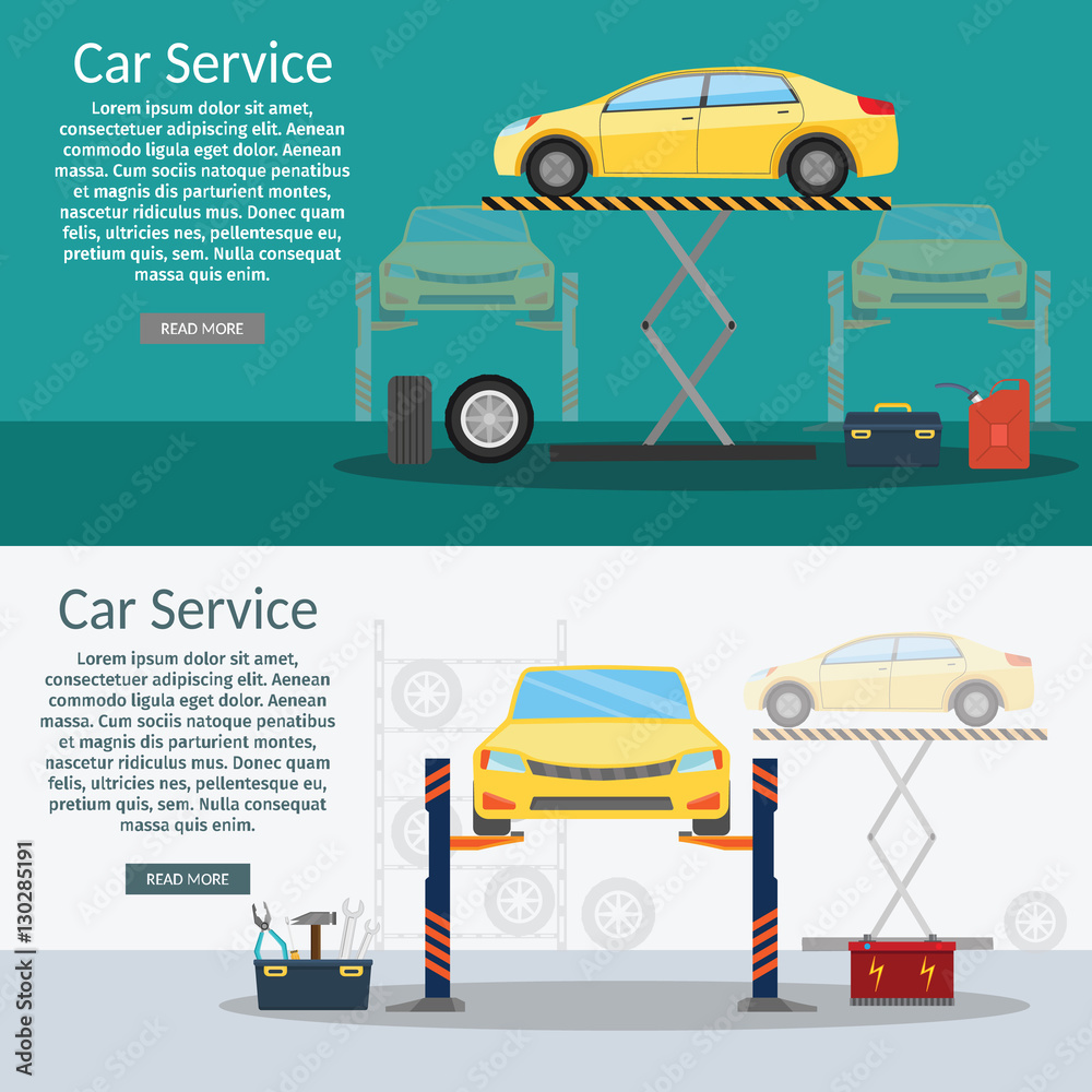 Center Mechanical car service with repair of Check Up vehicles Flat horizontal banners wheel machine vector illustration Center Mechanical car service with repair of Check Up vehicles Flat horizontal banners wheel machine vector illustration