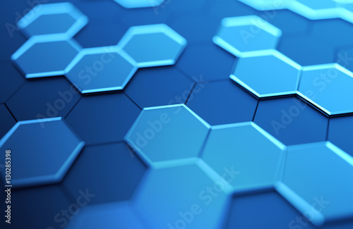 Fototapeta Naklejka Na Ścianę i Meble -  Abstract 3d rendering of futuristic surface with hexagons. Contemporary sci-fi background with bokeh effect. Poster design.