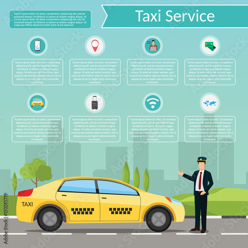 Taxi driver Call with smartphone service background the city flat style illustration background