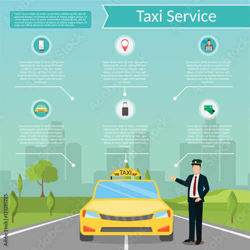 Taxi driver Call with smartphone service background the city flat style illustration background