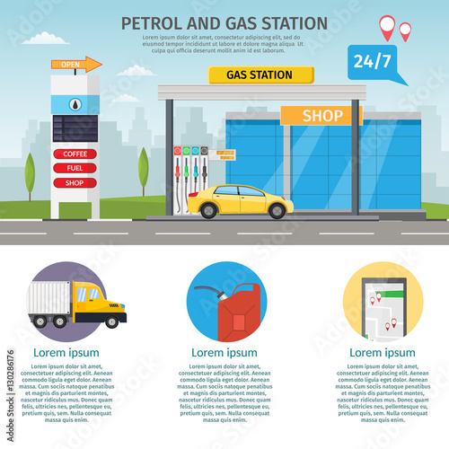 Gas filling station Vector flat illustration oil service with shop infographics elements and background set