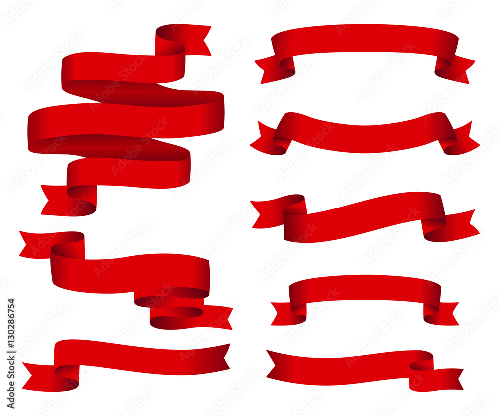 Red glossy ribbon vector banners set. Ribbons collection