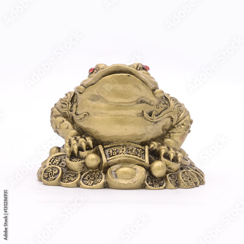 golden frog figurine on coins isolated on white