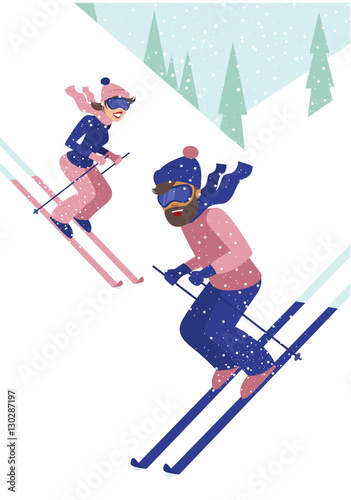 young couple skiing
