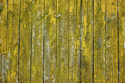 Yellow barn wall with vertical boards and weathered peeling paint
