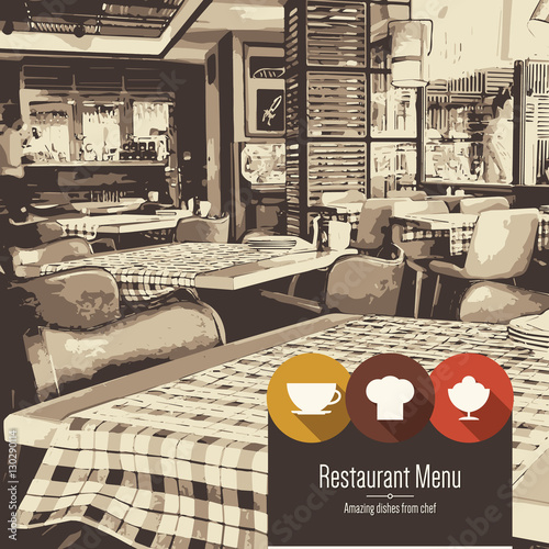 Restaurant menu design. Vector menu brochure template for cafe, coffee house, restaurant, bar. Food and drinks logotype symbol design. With a sketch pictures