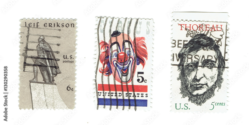 UNITED STATES: Arrange of different used stamps  of Lief Erikson, Circus with clown icon and Henry David Thoreau, writer and  circa 1967.
Printed in United States of America