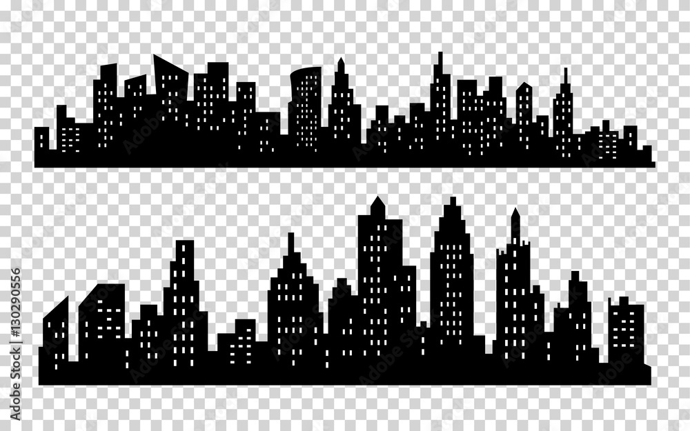 Vector black city silhouette icon set isolated on white background