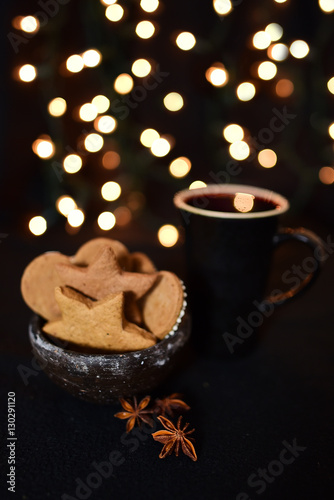 Christmas evening, a hot drink and gingerbread cookies