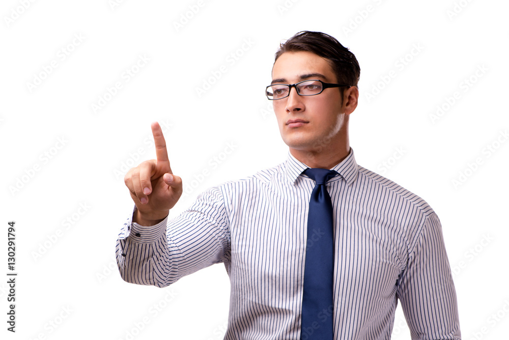 Young handsome businessman pressing buttons isolated on white Young handsome businessman pressing buttons isolated on white
