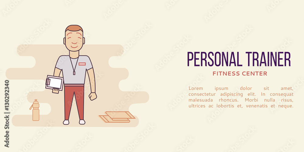 Banner with personal trainer in fitness club. Line flat concept. Banner with personal trainer in fitness club. Line flat concept.
