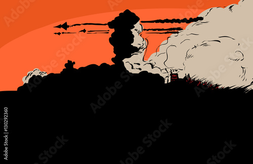 Jet fighters over burning city