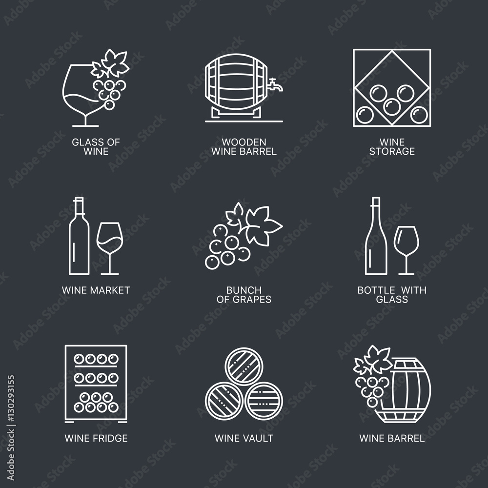 Thin line wine icons set