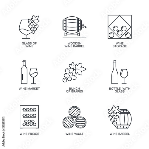 Thin line wine icons set.