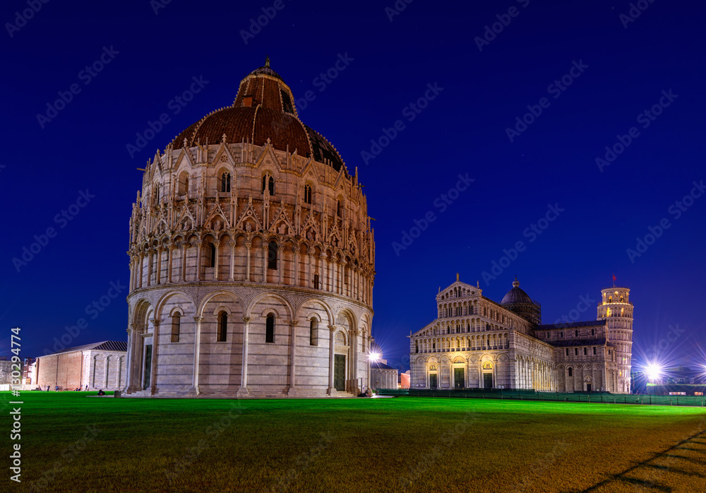 Baptistery of St. John (Battistero di San Giovanni di Pisa), Pisa Cathedral (Duomo di Pisa) with Leaning Tower of Pisa (Torre di Pisa) on Piazza dei Miracoli in Pisa at night, Tuscany, Italy