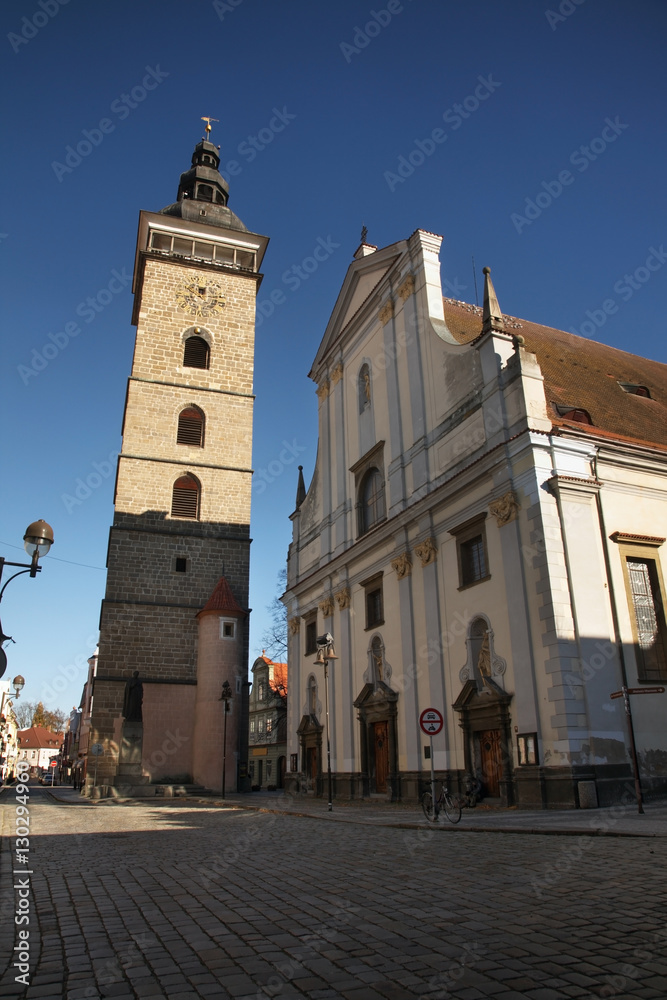 Black Tower and St. Nicholas Cathedral in Ceske Budejovice. Czech Republic