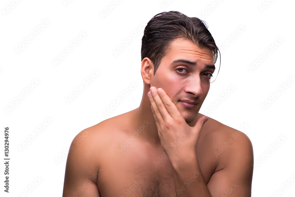 Tiyng man after shaving isolated on white Tiyng man after shaving isolated on white