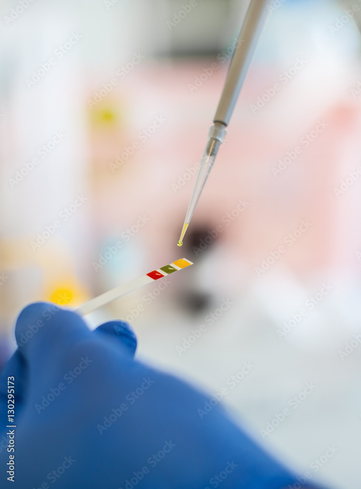 Laboratory technician working with test strips indicator paper Laboratory technician working with test strips indicator paper