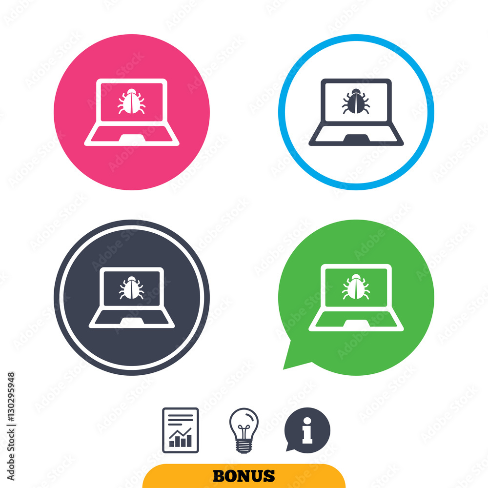 Laptop virus sign icon. Notebook software bug. Laptop virus sign icon. Notebook software bug.